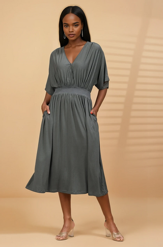 Stylish Grey Maternity Wear - Charcoal Grey Solid Smocked Waist Zipless Feeding Dress for New Moms