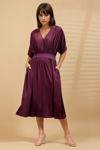 Burgundy Solid Smocked Waist Zipless Feeding Dress Front View - Stylish Soft Maternity Dress with Feeding Zips & Pockets