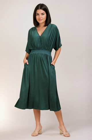 Close Up of Soft Fabric Detail on Deep Emerald Solid Smocked Waist Zipless Feeding Dress