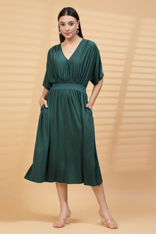 Stylish Stylish Maternity Wear - Deep Emerald Solid Smocked Waist Zipless Feeding Dress for New Moms