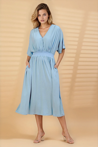 Ice Blue Solid Smocked Waist Zipless Feeding Dress Front View - Blue Soft Maternity Dress with Feeding Zips & Pockets