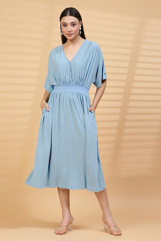 Soft Soft Texture of Ice Blue Solid Smocked Waist Zipless Feeding Dress - Breathable & Comfy