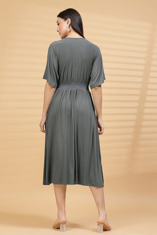 Back View of Charcoal Grey Solid Smocked Waist Zipless Feeding Dress - Flattering Silhouette for Pregnancy