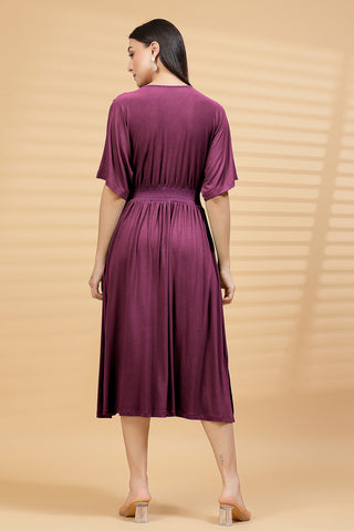 Back View of Burgundy Solid Smocked Waist Zipless Feeding Dress - Flattering Silhouette for Pregnancy
