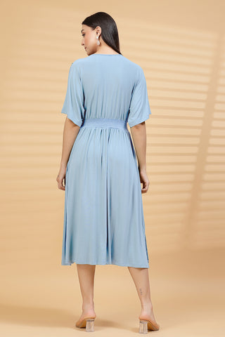 Back View of Ice Blue Solid Smocked Waist Zipless Feeding Dress - Flattering Silhouette for Pregnancy