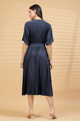 Back View of Navy Solid Smocked Waist Zipless Feeding Dress - Flattering Silhouette for Pregnancy