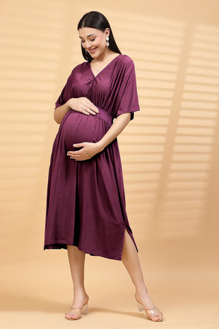 Detail of Hidden Feeding Zips & Pockets on Burgundy Solid Smocked Waist Zipless Feeding Dress for Breastfeeding