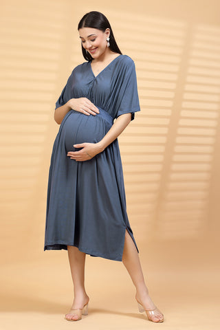 Soft Soft Texture of Denim Blue Solid Smocked Waist Zipless Feeding Dress - Breathable & Comfy