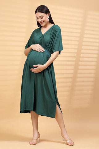 Woman wearing Deep Emerald Solid Smocked Waist Zipless Feeding Dress in Stylish - Pre & Post Pregnancy