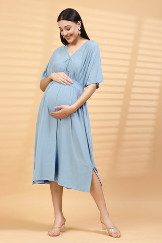 Detail of Hidden Feeding Zips & Pockets on Ice Blue Solid Smocked Waist Zipless Feeding Dress for Breastfeeding