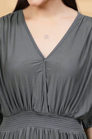 Detail of Hidden Feeding Zips & Pockets on Charcoal Grey Solid Smocked Waist Zipless Feeding Dress for Breastfeeding