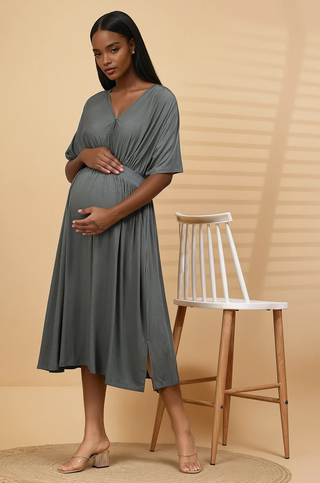 Charcoal Grey Solid Smocked Waist Zipless Feeding Dress Front View - Grey Soft Maternity Dress with Feeding Zips