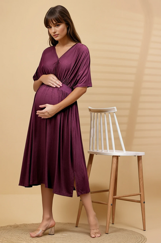 House of Zelena Burgundy Solid Smocked Waist Zipless Feeding Dress - Trusted by Mothers for Quality