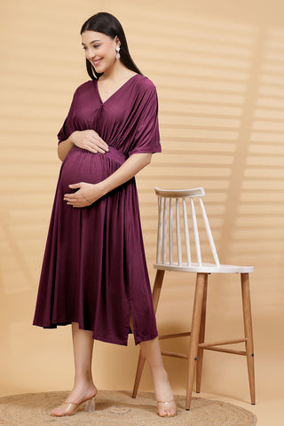 Close Up of Soft Fabric Detail on Burgundy Solid Smocked Waist Zipless Feeding Dress