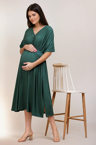 Deep Emerald Solid Smocked Waist Zipless Feeding Dress Front View - Stylish Soft Maternity Dress with Feeding Zips