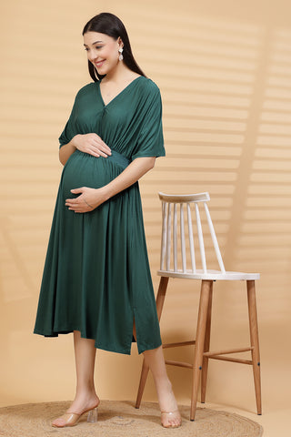 House of Zelena Deep Emerald Solid Smocked Waist Zipless Feeding Dress - Trusted by Mothers for Quality