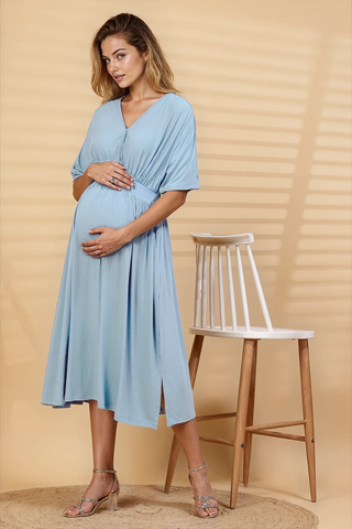 Stylish Blue Maternity Wear - Ice Blue Solid Smocked Waist Zipless Feeding Dress for New Moms