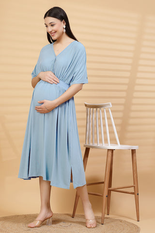 Side Profile of Blue Nursing Dress showing Feeding Zips & Pockets & Fit