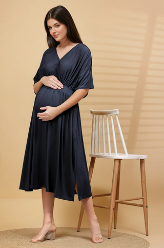 Navy Solid Smocked Waist Zipless Feeding Dress Front View - Navy Soft Maternity Dress with Feeding Zips & Pockets
