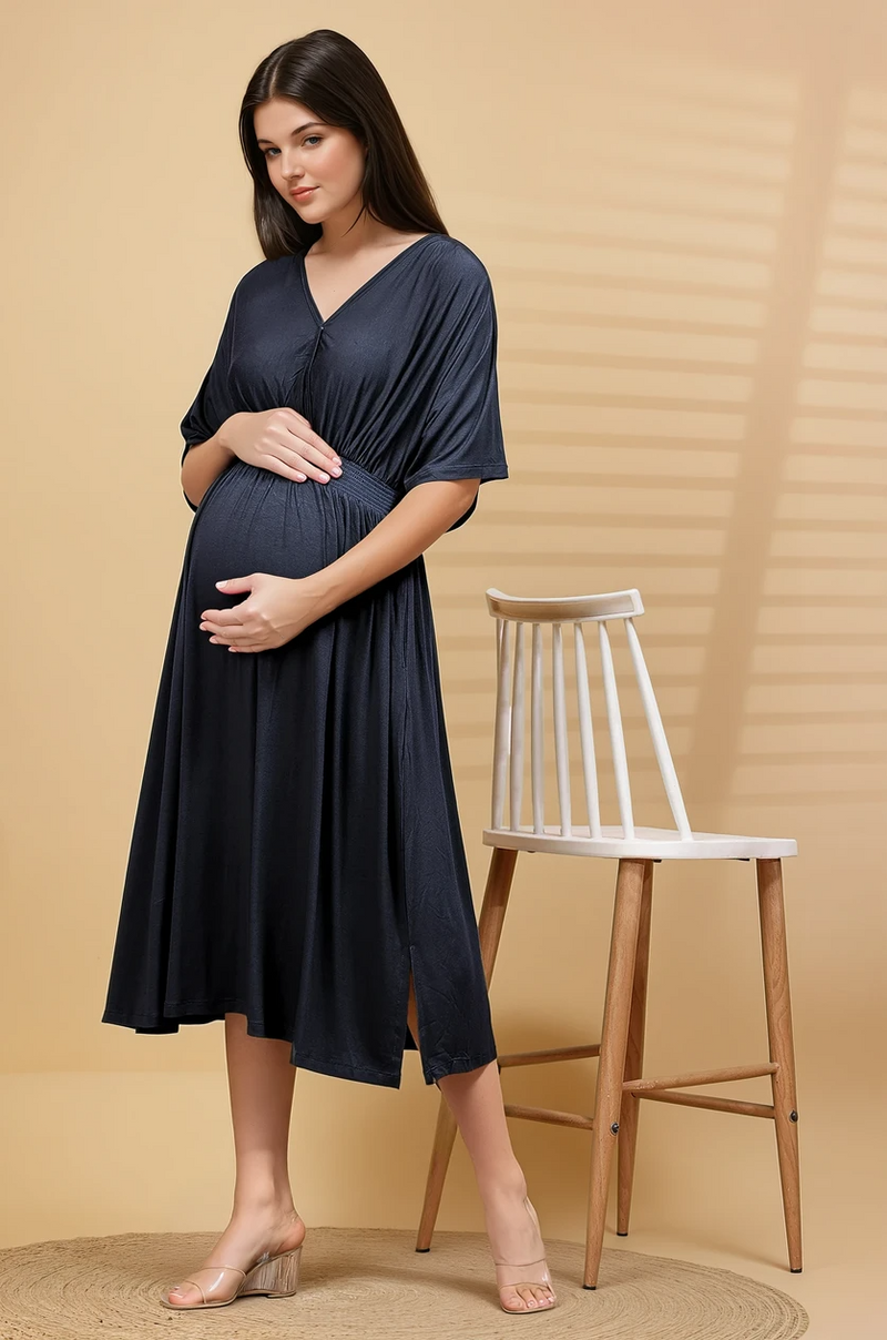 Navy Solid Smocked Waist Zipless Feeding Dress
