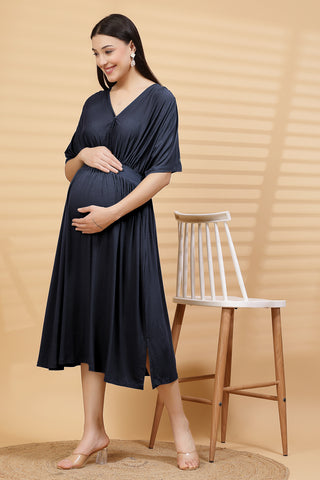 House of Zelena Navy Solid Smocked Waist Zipless Feeding Dress - Trusted by Mothers for Quality