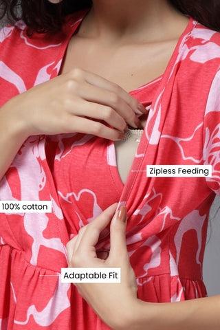Coral Blossom Cotton Maternity Zipless Feeding Dress - House Of Zelena™