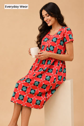 Red Printed Maternity Zipless Feeding Dress