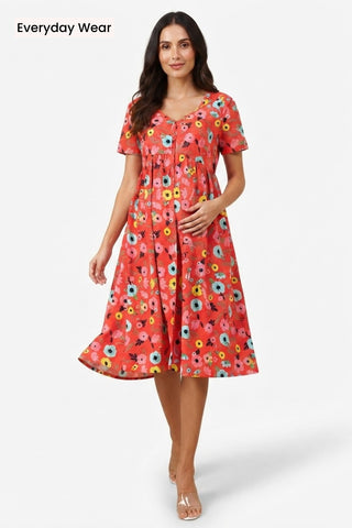 Floral Printed Zipless Feeding Dress - Red