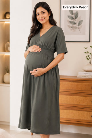 Charcoal Grey Solid Smocked Waist Zipless Feeding Dress