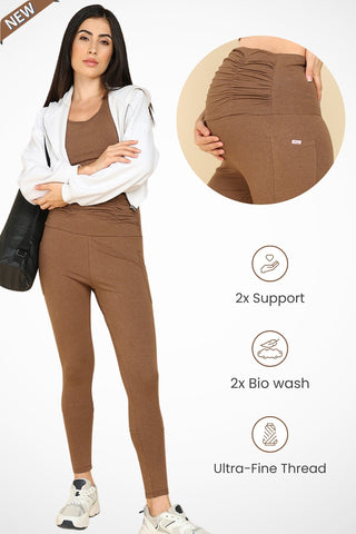 Ruched Cotton Melange Brown Maternity Legging (Pregnancy & Postpartum)