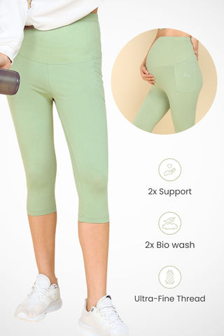 Pistachio Ribbed Cotton Capri; garment is machine washable and maintains its fit and shape.