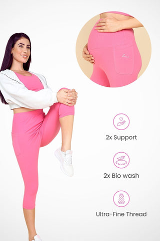 Pink Ribbed Cotton Capri; garment is machine washable and maintains its fit and shape.