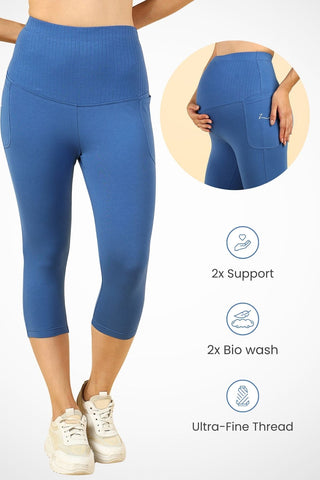 Blue Ribbed Capri; durable and versatile bottom garment suitable for comfortable daily maternity wear.