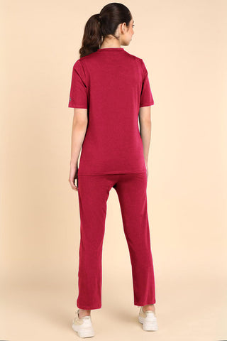 Deep Red Round Neck Top; neckline provides coverage.