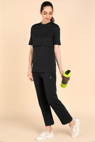 Black Feeding Top; stretch neckline allows fast breastfeeding access.