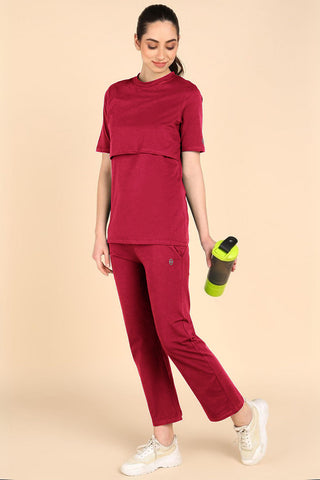 Deep Red Feeding Top; stretch neckline allows fast breastfeeding access.