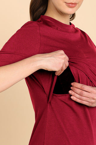 Model wearing Deep Red Top; garment provides coverage and fit for a changing body.