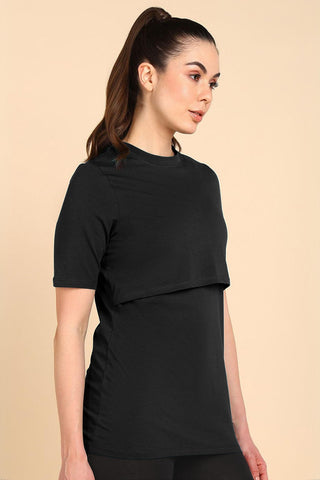 Black Round Neck Top; neckline provides coverage.