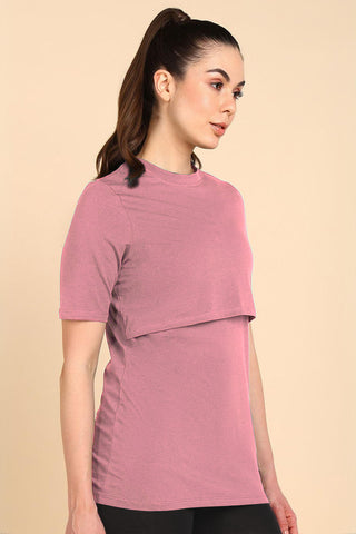 Deep Salmon Round Neck Top; neckline provides coverage.