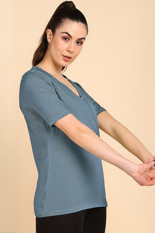 247 Zactive M Blue Zipless Maternity Feeding Top - Side profile highlighting feeding-friendly neckline and relaxed fit.