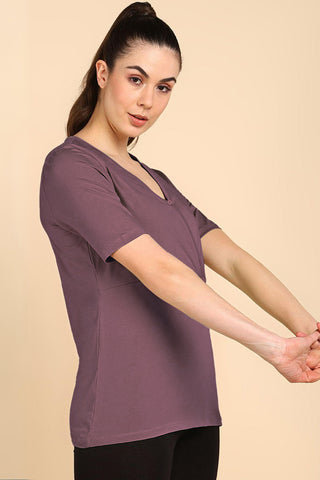 247 Zactive Deep Woodrose Zipless Maternity Feeding Top - Side profile highlighting feeding-friendly neckline and