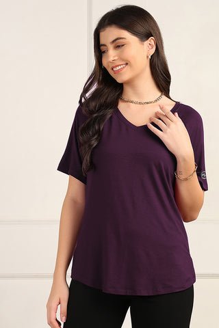 Plum Solid Nursing Top with Side Zip Access in wine made with soft Viscose fabric.