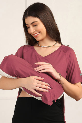Model wearing Deep Rose Top; garment provides coverage and fit for a changing body.