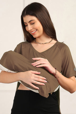 Model wears brown Maternity Tops; stylish maternity fit with Long Zip function.