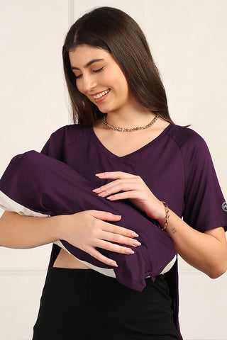 Model wears wine Maternity Tops; stylish maternity fit with Long Zip function.