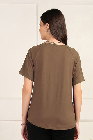 Close-up of brown Maternity Tops showing Long Zip for easy nursing access.