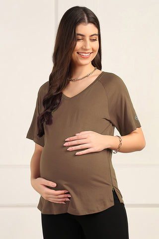Mocha Solid Nursing Top with Side Zip Access in brown made with soft Viscose fabric.