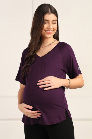 New mom wearing wine Maternity Tops; shows flattering post-delivery fit and Long Zip.