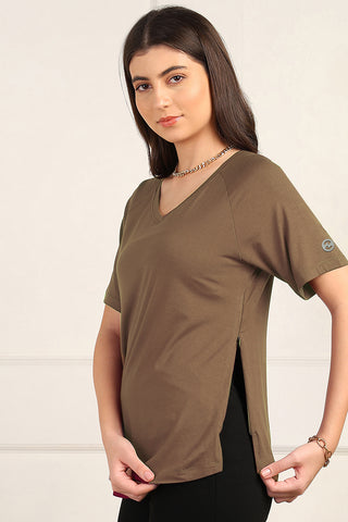 Interior view of Mocha Solid Nursing Top with Side Zip Access showing Long Zip.