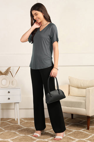 Charcoal Grey Solid Nursing Top with Side Zip Access